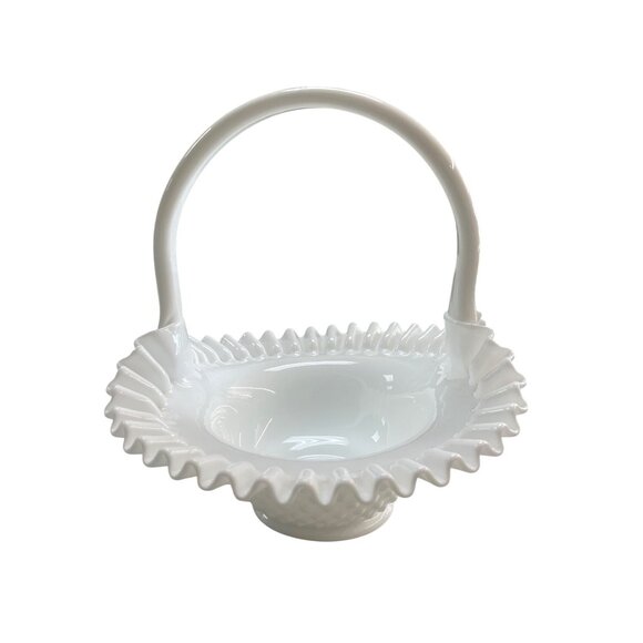 Fenton Hobnail Milk Glass Basket With Ruffled Edge - Picture 3 of 11